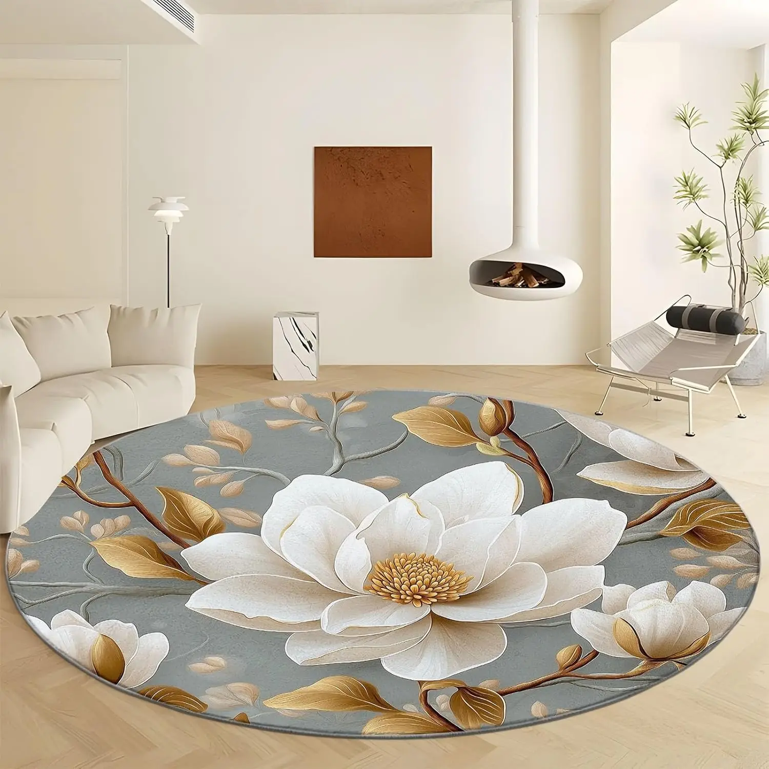 

Flower Leaves Print Round Rug,Plant Branches and Golden Leaves Washable Circular Carpet Runner -Non Slip Circle Area Rug Carpet
