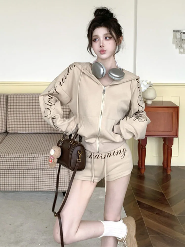 

Autumn Y2k Harajuku Coquettish Shorts Suits Women Casual Zipper Long Sleeve Hooded Coat + Sexy Slim Elegant Shorts 2 Piece Set