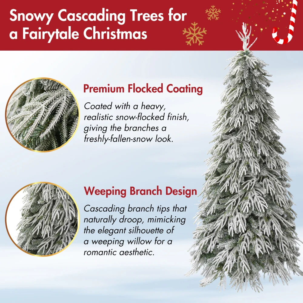 Snowy Cascading Christmas Trees 3-Piece Set with Control Lighting, Flocked Weeping Branches, and Multi-Level Forest Display for Holiday Home Décor