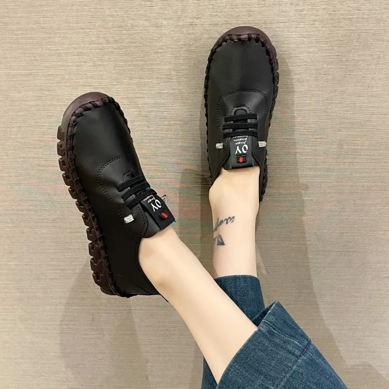 Sneakers Women Shoes Leather Loafers Shoes for Women Comfortable Slip on Hand Sewing Thread Mom Shoes