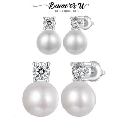 Bamoer U 0.1CT Mini Moissanite Pearl Stud Earrings Natural Freshwater Drop Earrings Lab Diamond 925 Sterling Silver Jewelry Gift