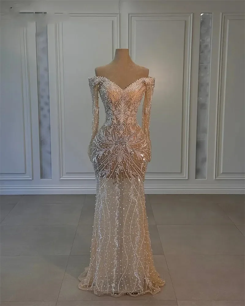 럭셔리 진주 웨딩 드레스 우아한 긴 소매 스팽글 레이스 인어 신부 가운 오프 어깨 구슬 신부 드레스 맞춤형