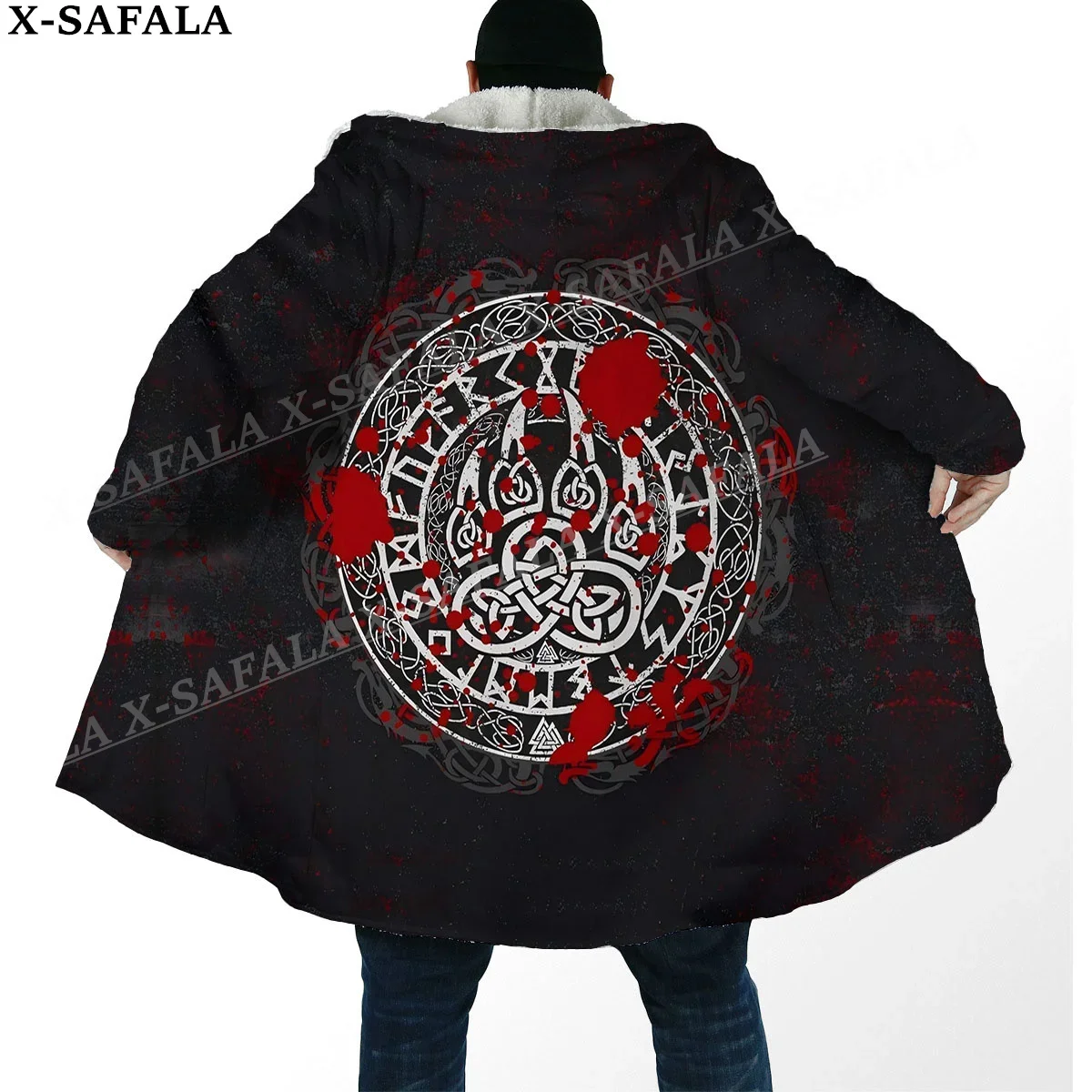 Norse Mythology Vegvisir Viking Symbol Thick Warm Hooded Cloak Men Overcoat Coat Windproof Fleece Cape Robe Hooded Blanket-38