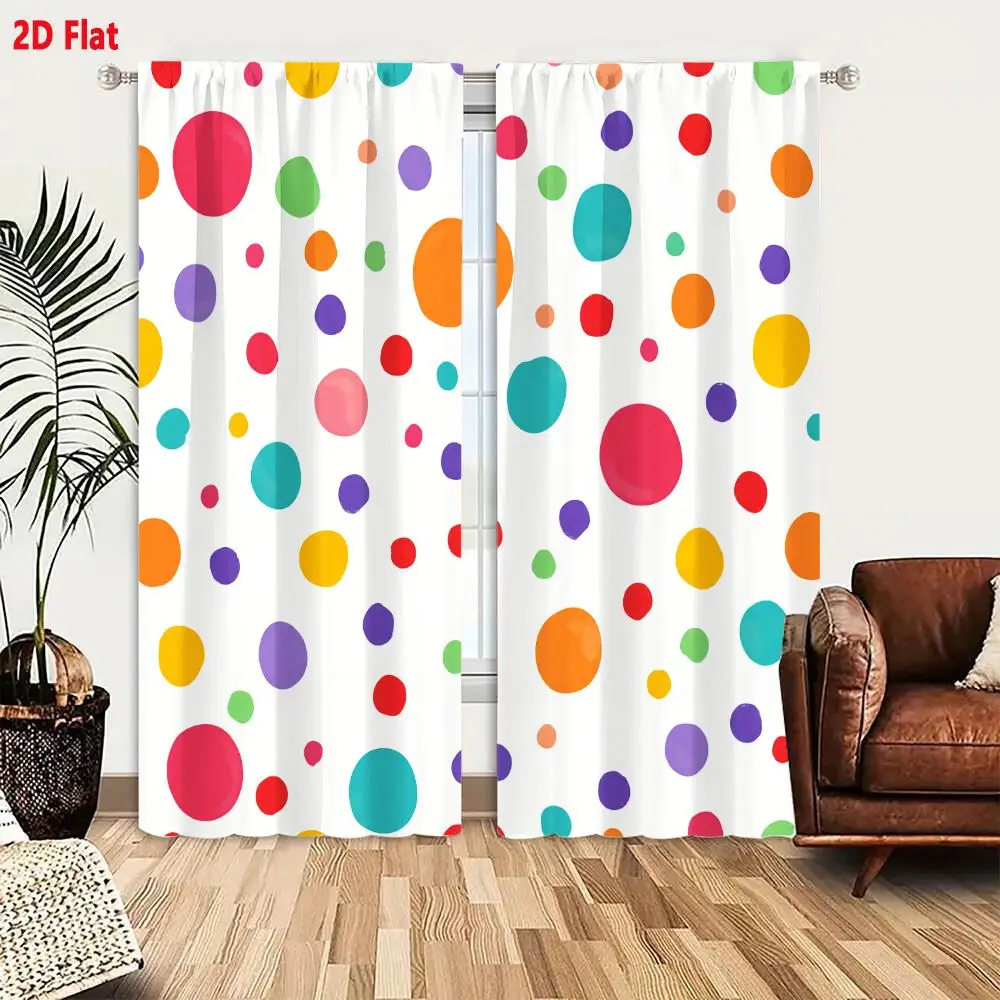 2Pcs Curtains 2D Flat Vibrant Playful Polka Dots Pattern With Pink Orange Yellow Purple Teal And Green On White Background Windo