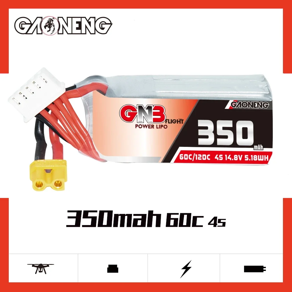 gaoneng-gnb-350mah-4s-60c-120c-148v-xt30-lipo-battery-2-to-25-inch-propeller-fpv-size-90-to-150mm-brushless-drones-dji-fpv