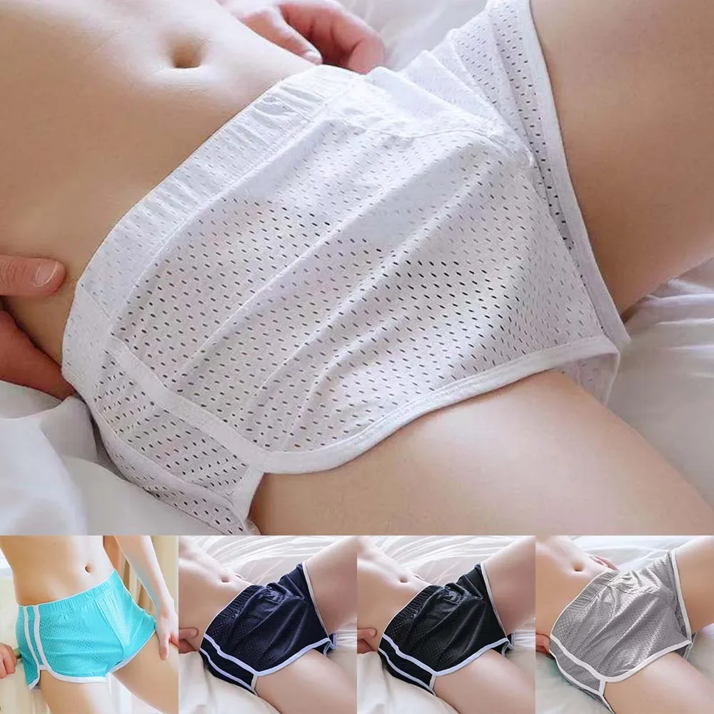 Sexy Men Ice Silk Mesh Hollow Boxer Briefs Pouch Underwear Shorts Trunks Breathable Casual Home Striped Male Aro Pants Boxers