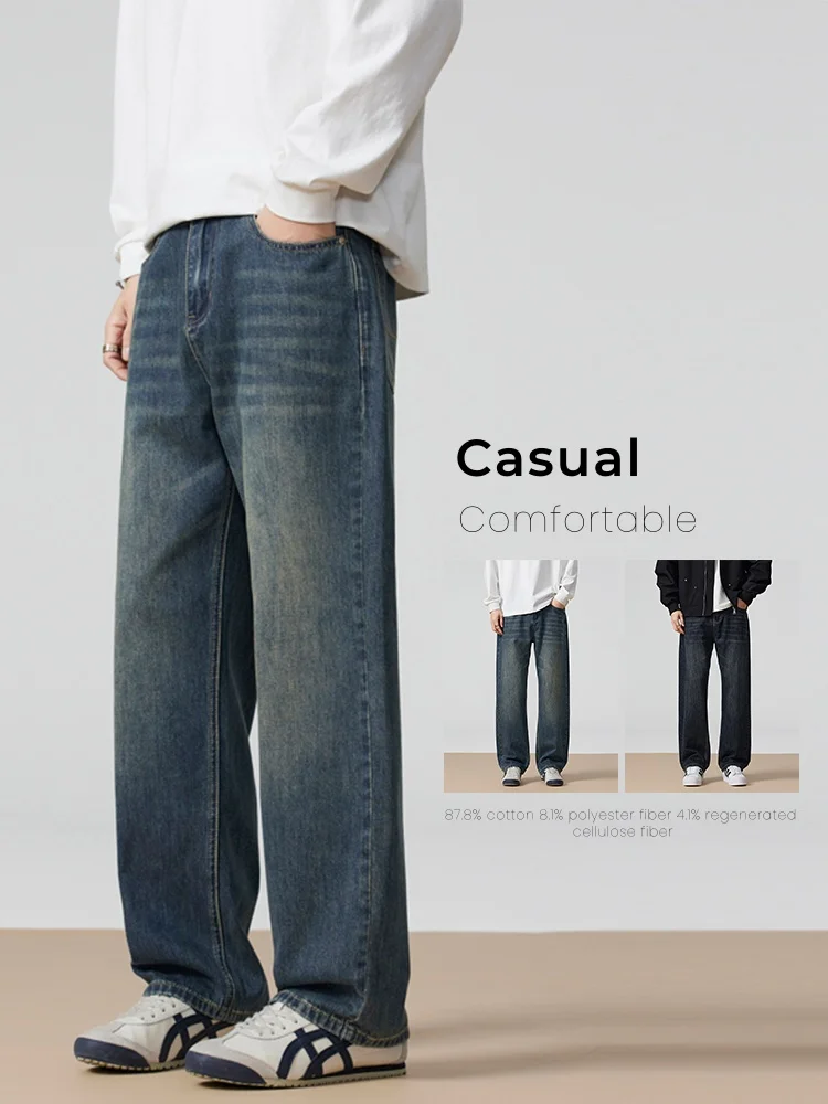 

Vintage Jeans Men's Autumn New Fashion Casual Loose Washed Wide Straight Youth Streetwear Male Distress Denim Pants