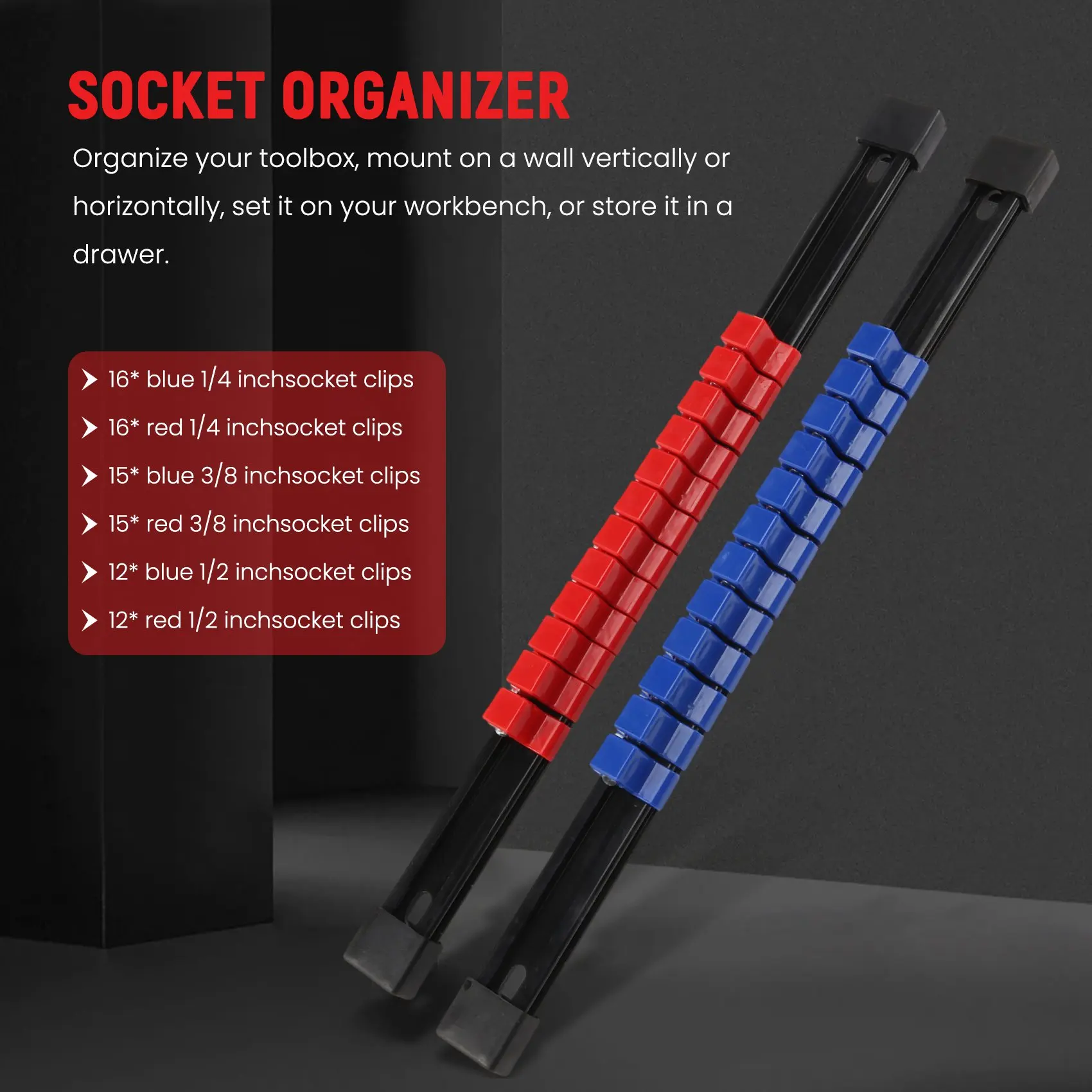 AC88 6Pcs ABS Socket Organizer Set 1/4 3/8 1/2 Inch Drive Socket Holder 86 Clips for Toolbox