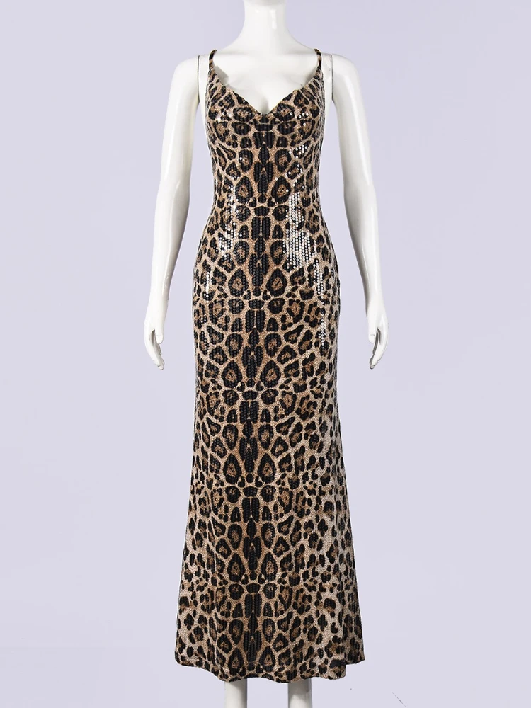 SsTss Vintage Leopard Print Camis Dress Mulheres Sexy Swinging Collar Sem Mangas Criss Cross Backless Slim Evening Party Maxi Vestido