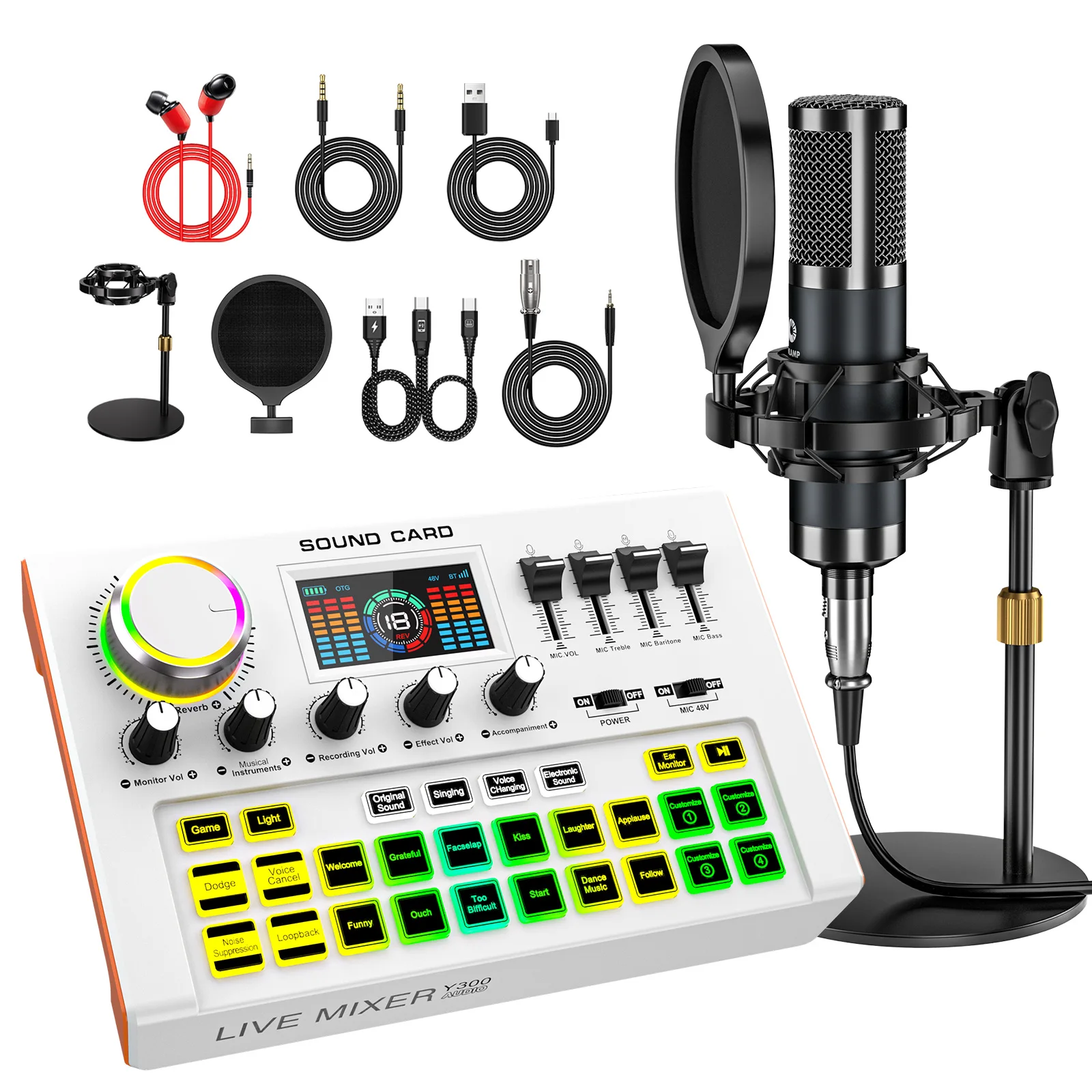 Tenlamp Professional Live Sound Card Audio Mixer Full Set , Podcast Equipment Bundle Kit for 4 People Sound Board Bluetooth  with 3.5mm Condenser Microphone(Y300-P15B) for Pc/Phone For Gaming,Streaming,Singing