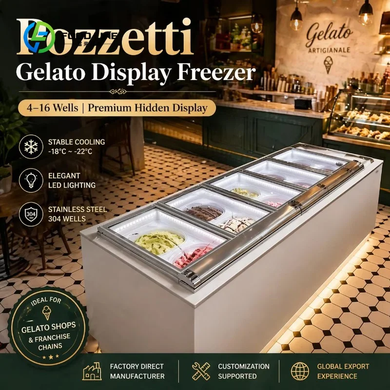 Customized Commercial Pozzetti Gelato Display Freezer 4/6/8/10/12 Tubs Ice Cream Dispping Showcase Counter for chain store