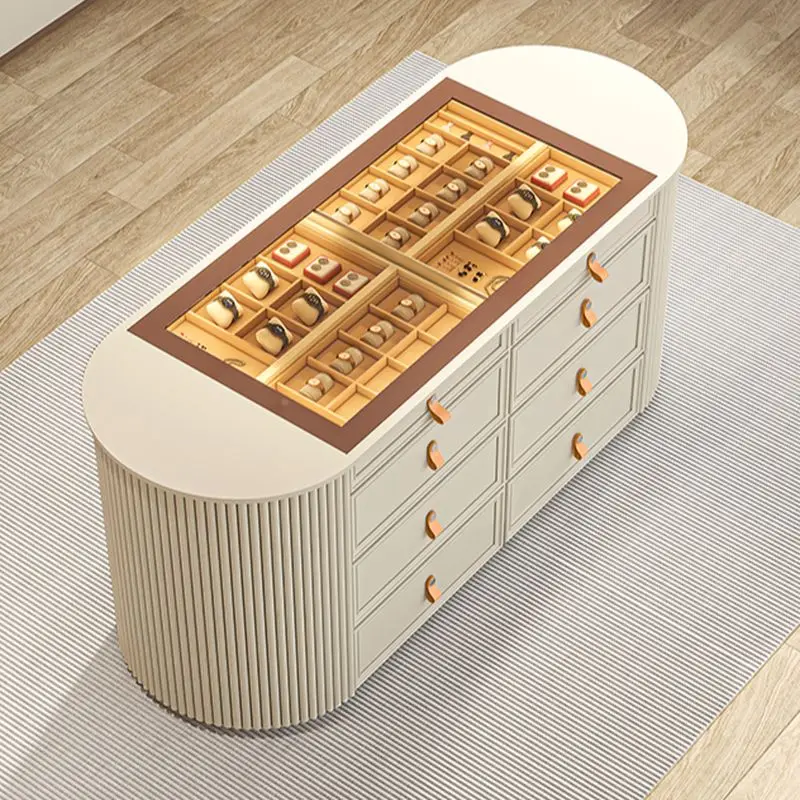 Walk-in Closet Chest of Drawer Glass Countertop and groove Side Solid Wood Panel Drawer With LED Light Island Cabinet view 2