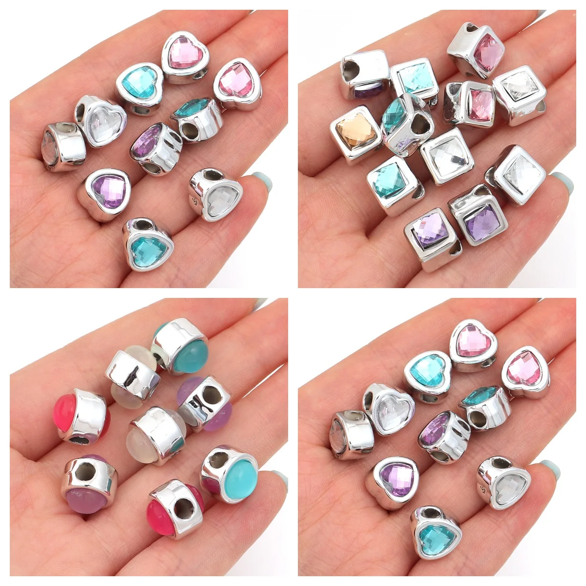 10pcs Resin Big Hole Beads Double Sided Rhinestone Charm Beads Square Round Heart Shape for DIY Bracelet Necklace Jewelry Making