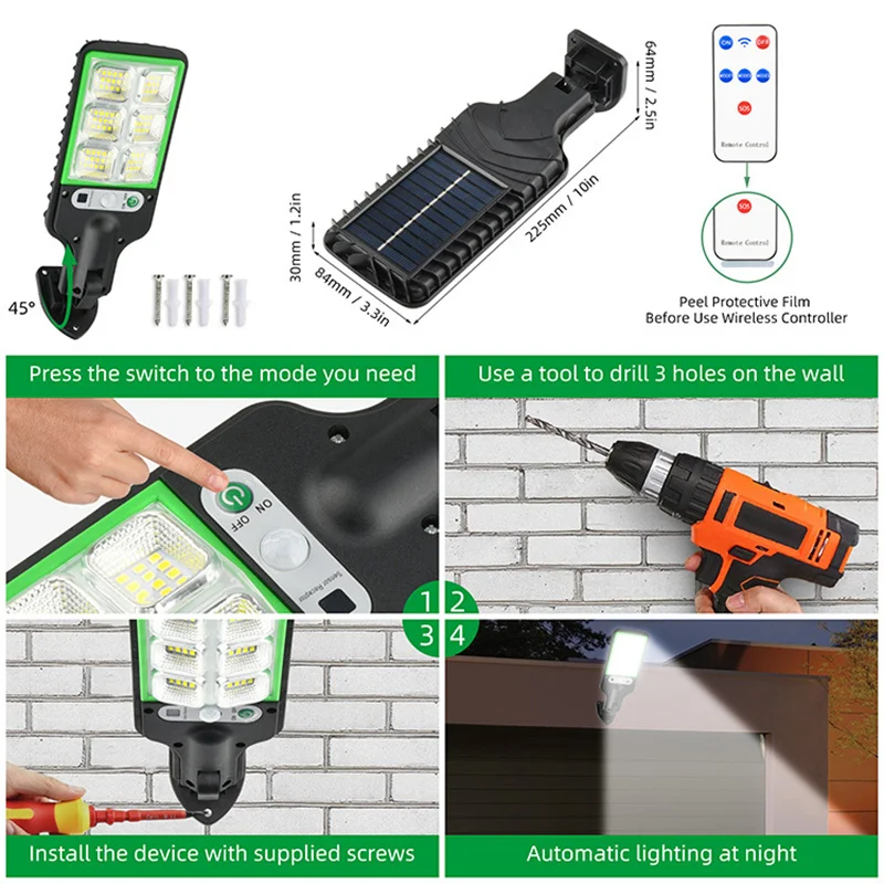 Outdoor Solar luzes LED com controle remoto, impermeável lâmpada de segurança, rua lâmpada, jardim, pátio, garagem, 3 modos de trabalho, nova