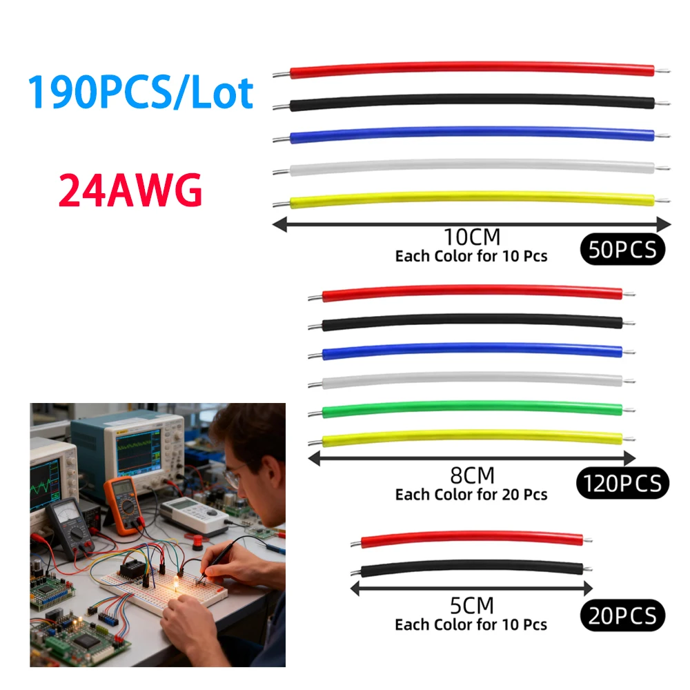 190PCS 24AWG Tin-Plated Jumper Wires 5cm/8cm/10cm 6 Colors Breadboard PCB Soldering Cable Connector Wire DIY Kit Value Pack