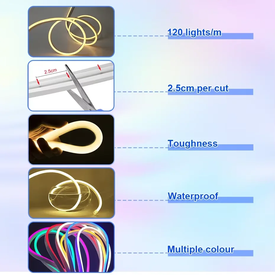12V RGB LED Neon Light Strip 1m-5m 120Leds/m Flexible Neon Rope Lights Tape Ribbon IP65 Waterproof for DIY Home Lighting Decor