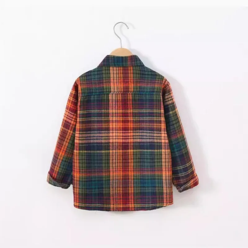 Autumn Kid Boys Solid Cotton Clothes Vintage Plaid Shirt Children Girls Long Sleeve Lapel Single Breasted Cardigan T-shirt Top