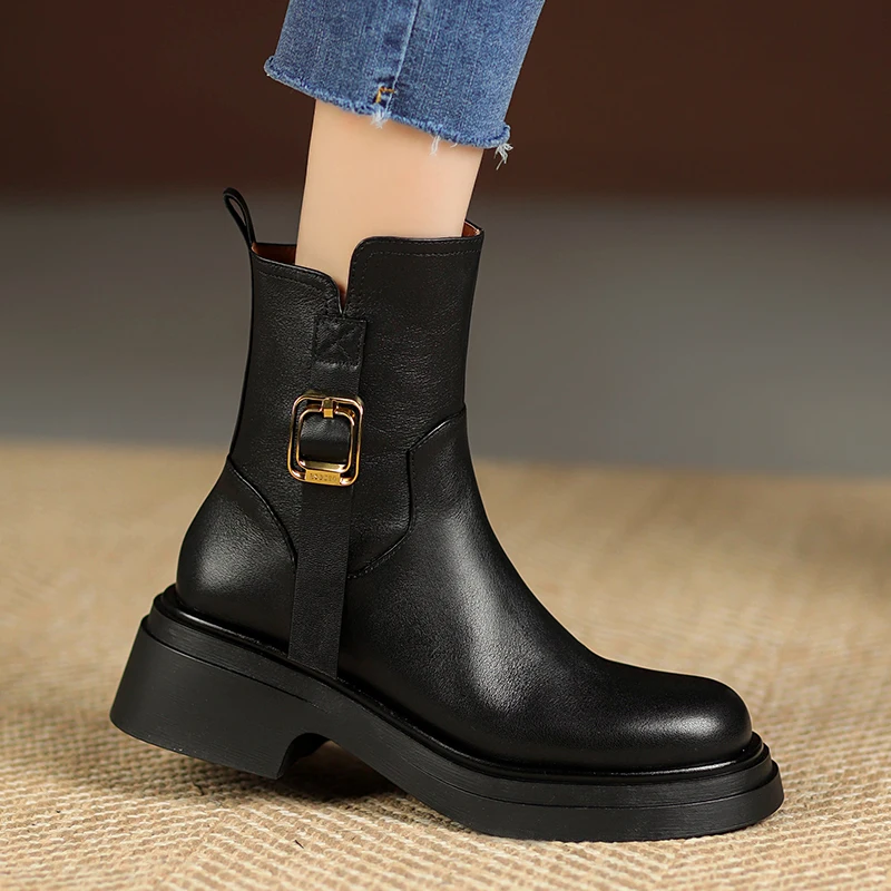 

2024 Women Genuine Leather Ankle Boots Thick Heels Warm Motorcycle Shoes Female Autumnm Winter Short Shoes Boots Platform Boots