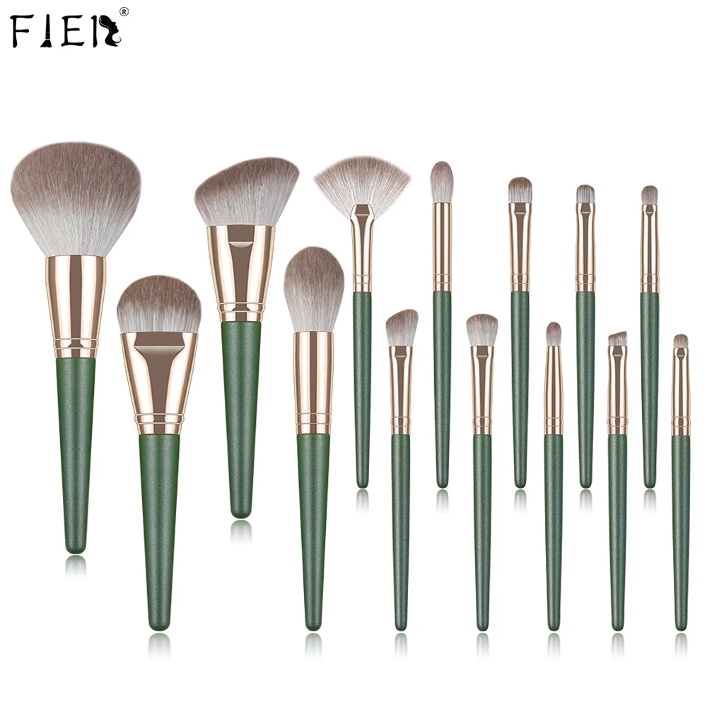 FJER 14PCS Green Makeup Brushes Set Nature Soft Foundation Powder Eyeshadow Eyebrow Brush Cosmetic Tool Profesional Maquillaje