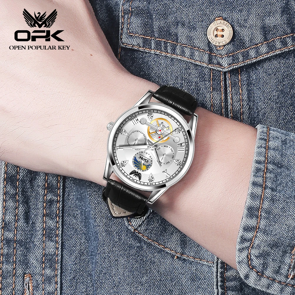 Светящиеся водонепроницаемые мужские кварцевые часы с тремя контактами и ремешком от бренда OPK 8148