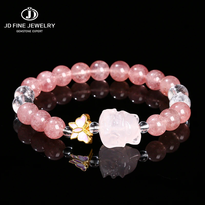 JD Natural Stone Strawberry Quartz Bead Bracelets Women Sweet Pink Quartz Carved Nine-Tailed Fox Copper Design Healing Bracelets