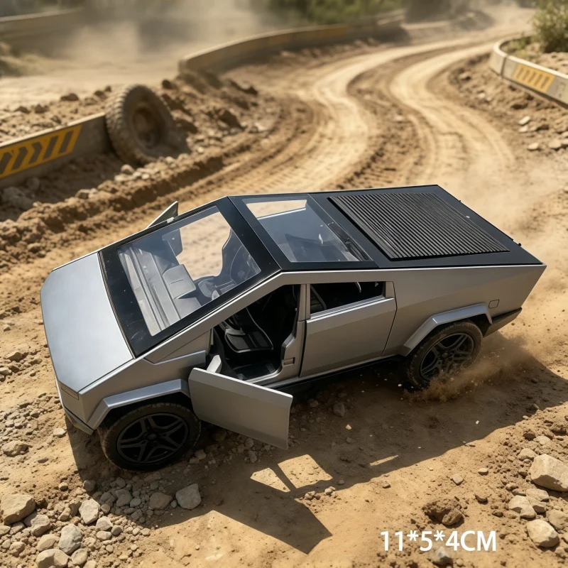1/36 silver-gray off-road/pickup combination die-cast model, movable doors, pull-back motor, realistic off-road look, a desktop