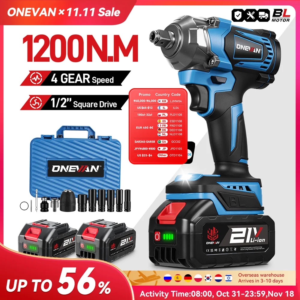 ONEVAN 1200N.M 브러시리스 전기 임팩트 렌치 1/2인치 무선 토크 렌치 스크루드라이버 파워툴 (마키타 18V 배터리 핀용)