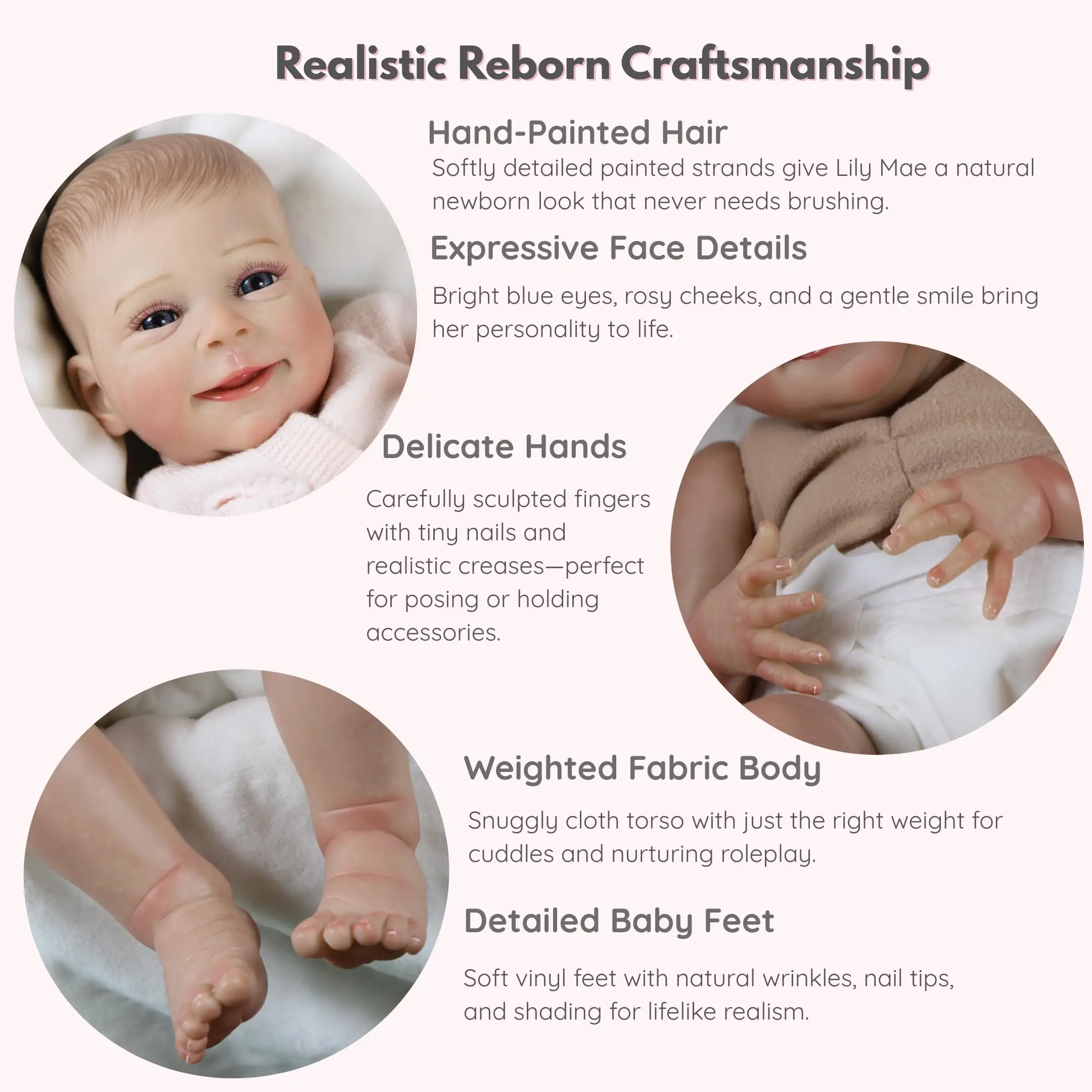 ALDYOK Lily Mae Reborn Baby Doll – Cuerpo de tela ponderada realista de 18" con pelo pintado a mano y extremidades de vinilo suave, chupete magnético