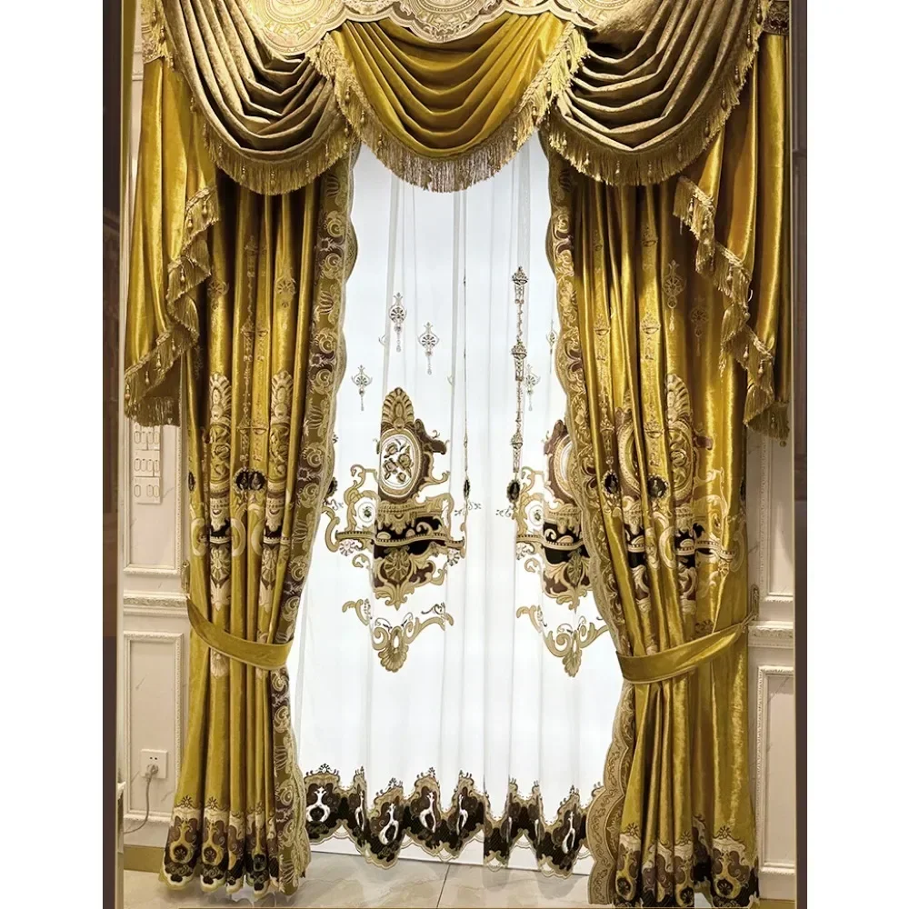 European Luxury American Palace Retro Ice Velvet Golden Curtains for Living Room Bedroom Dining Blackout Window Embroidered