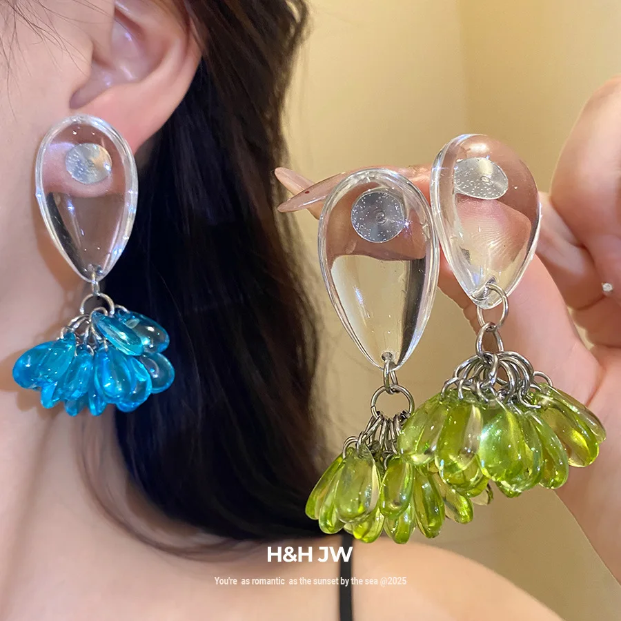 Olive Green Resin Water Drop Tassel Pendant Minimalist Light Luxury Dangle Earrings For Girls Daily Jewelry