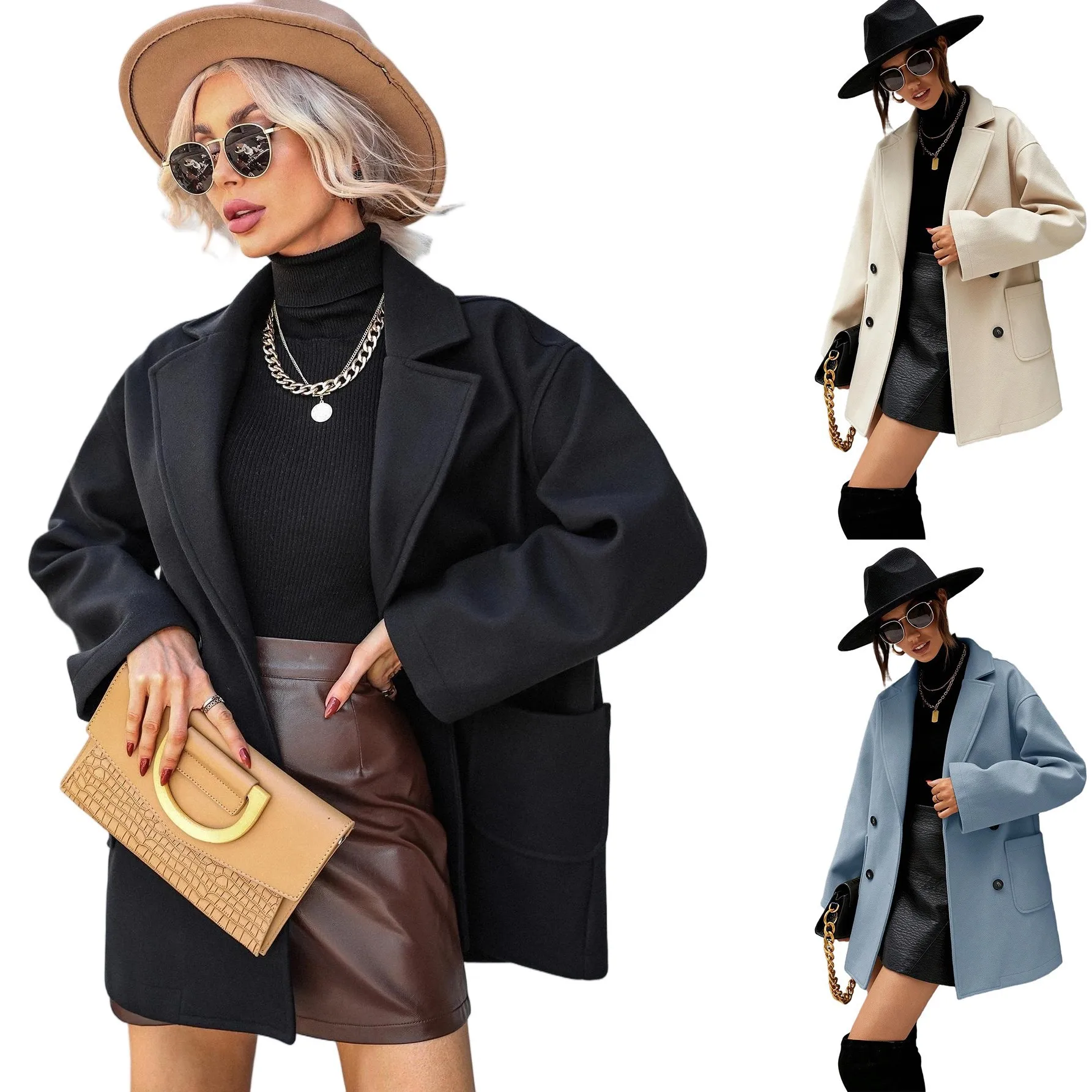 

Женские шерстяные куртки, однотонные пальто с карманами и отложным воротником, длинными рукавами, однобортные, толстые, свободные, повседневные, офисные, женские, осень 2023 г.