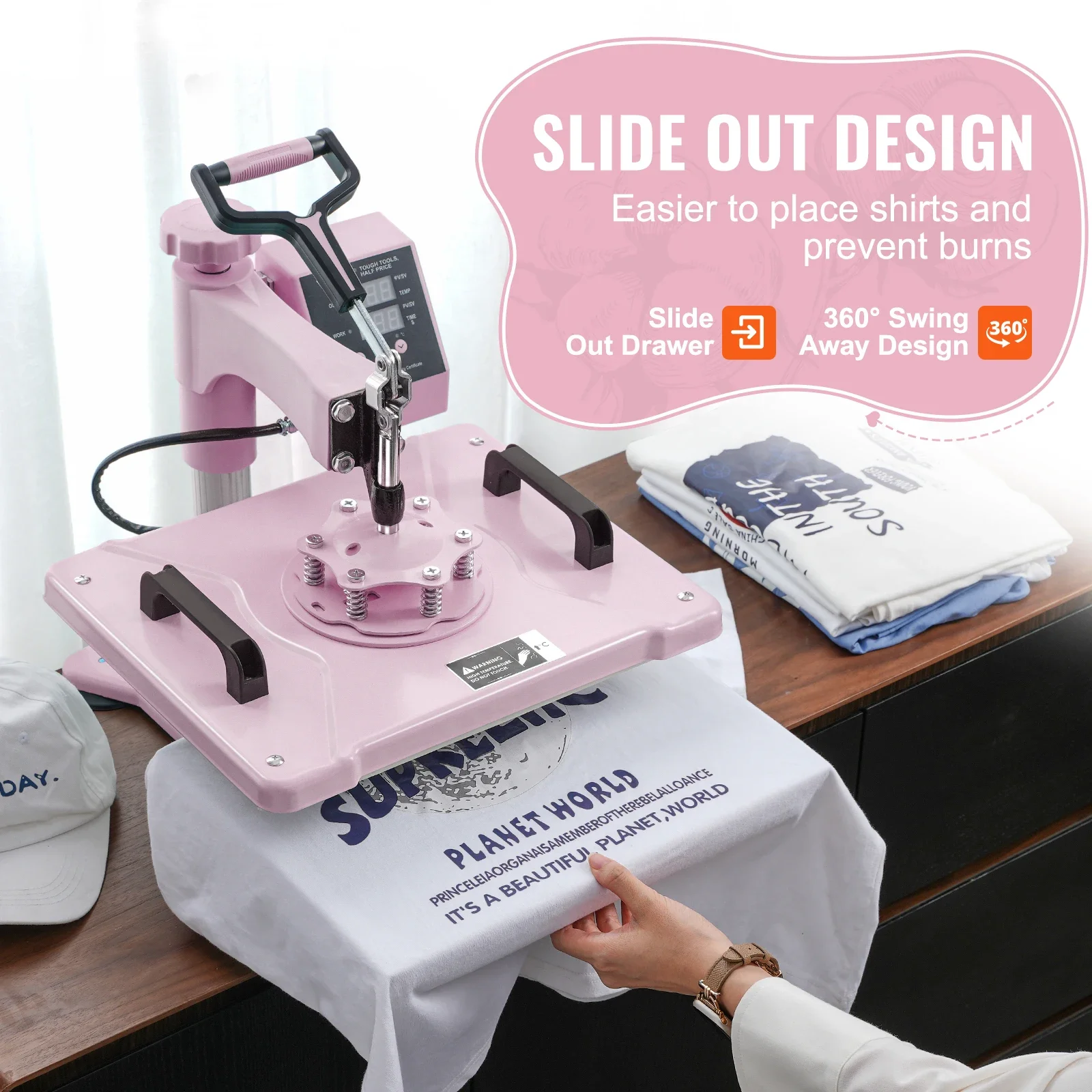 SucceBuy Heat Press Machine 12x15inch  8in 1 Heat Transfer Machine 360° Swing Away T-Shirt for T-Shirts/Mugs/Hats/Plates Pink