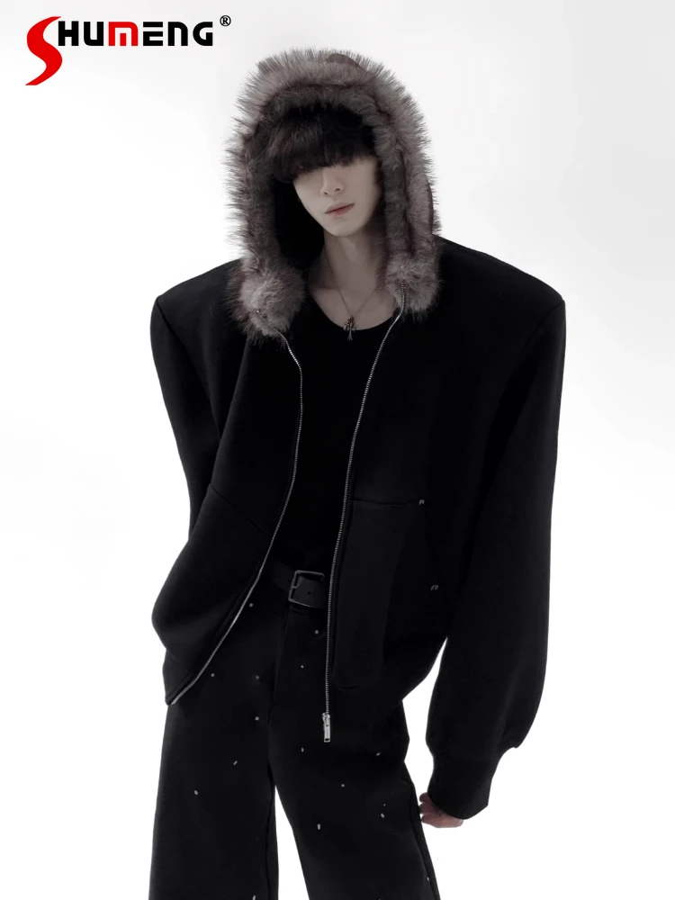 الرجال الموضة كبيرة فو الفراء طوق سستة قمصان سويت شيرت بقلنسوة الرجال 2025 شتاء جديد الراقية هوديس تقليد فرو المنك الستر