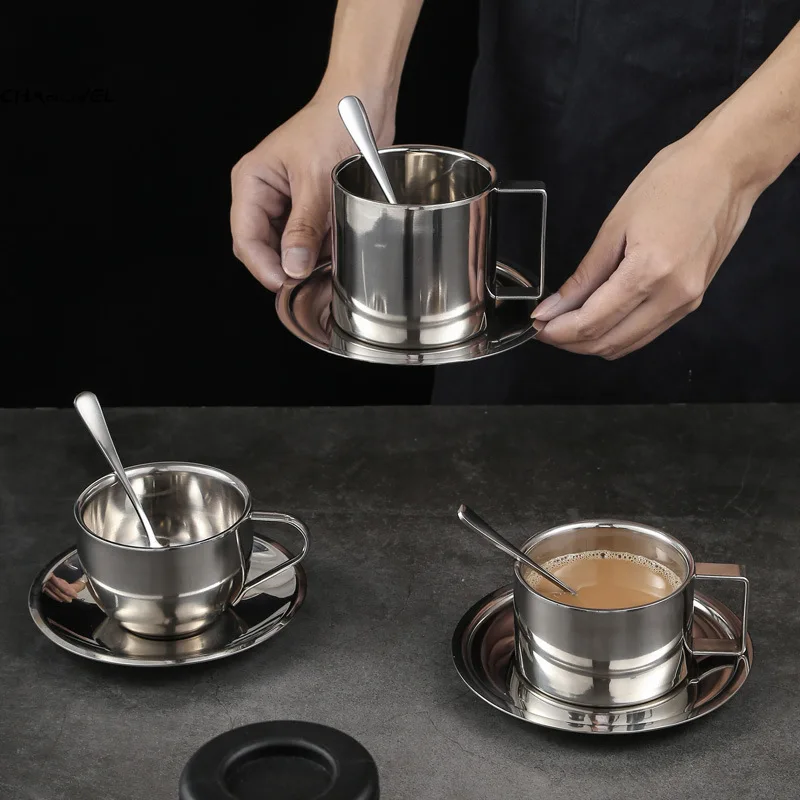 

3Pcs/set Stainless Steel Coffee Cups with Tray Stirring Spoon Double Wall Insulation Milk Tea Mug European Hotel Drinks Tumbler