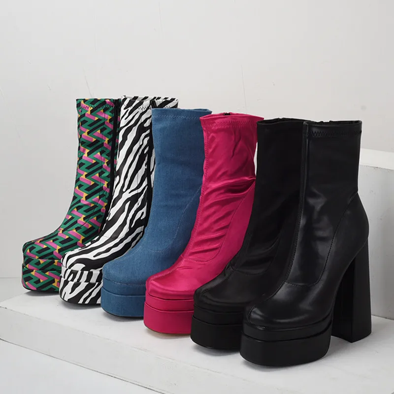 2023 Spring Women\'s Oversized Strip Camouflage Denim Boots Satin Elastic Waterproof Casual Boots High Thick Heel Short Boots
