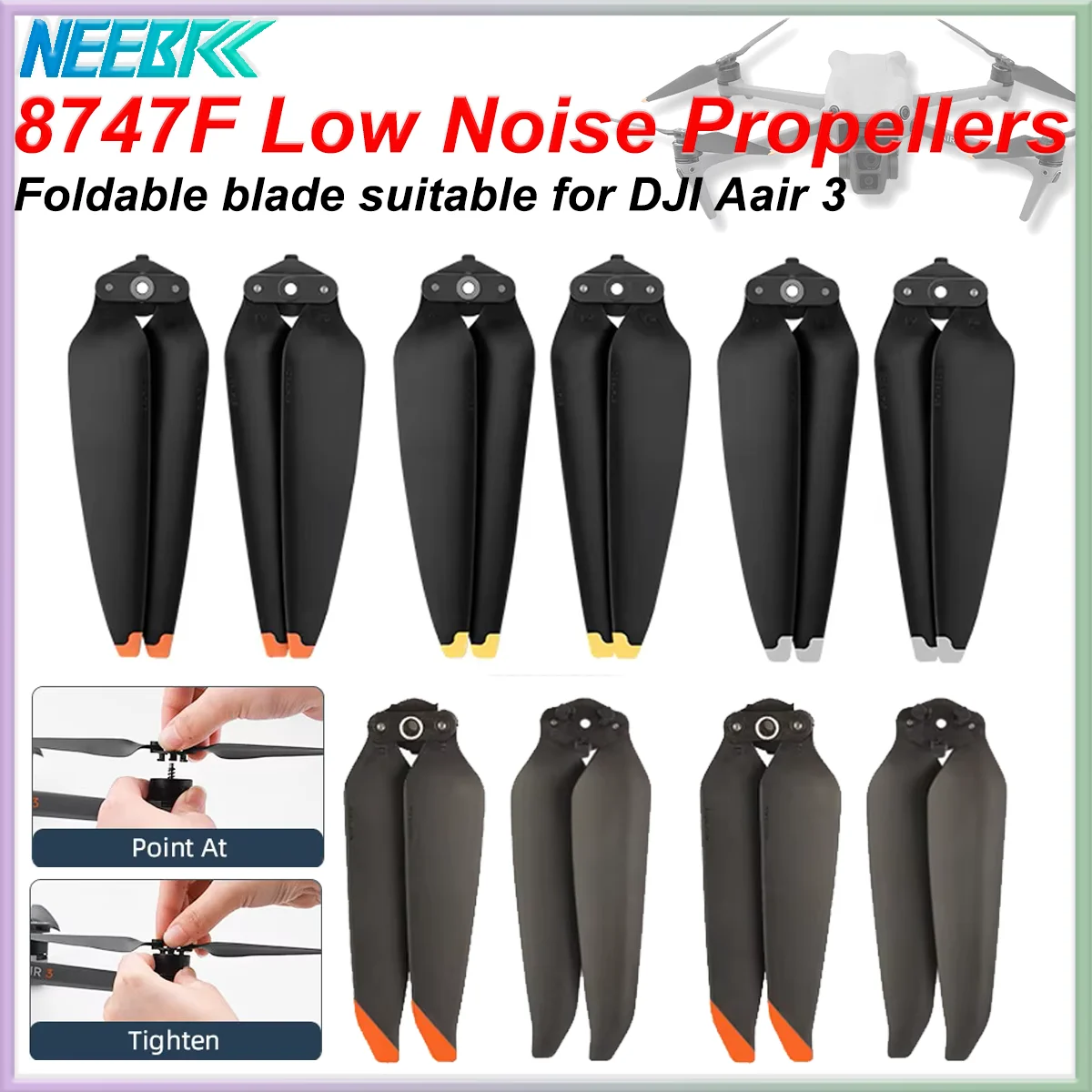 Hélices NEEBRC para DJI Air 3/Air 3S 8747F, hoja de bajo ruido, alas de Dron plegables de liberación rápida, accesorios de hélice CW/CCW