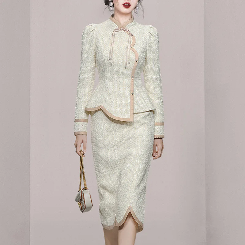 طقم تويد نسائي للخريف/الشتاء مكون من قطعتين مع سترة بأكمام طويلة وتنورة نصف 2024 طقم أزياء صغير معطر