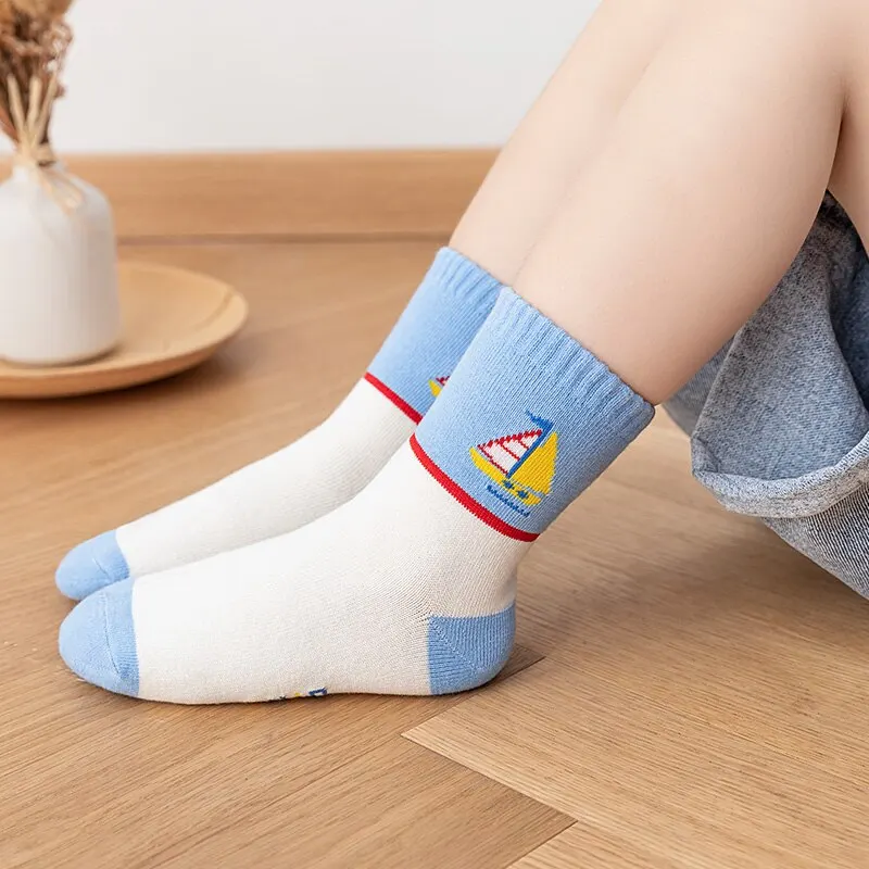 5 Pairs Of New Autumn And Winter Childrens Socks Striped Sailboat Boys Socks 4 to 8 Year Old Socks