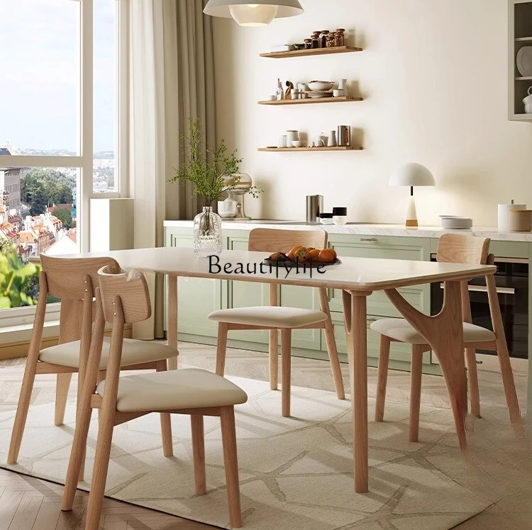 Solid wood rock slab dining table Cream style simple modern Nordic log rectangular dining table