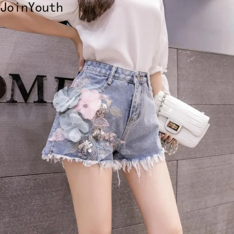 Korean Two Piece Sets Women Clothing Embroidery Short Sleeve White Tshirts High Waist Denim Shorts Outfits Casual Summer Y2k Set