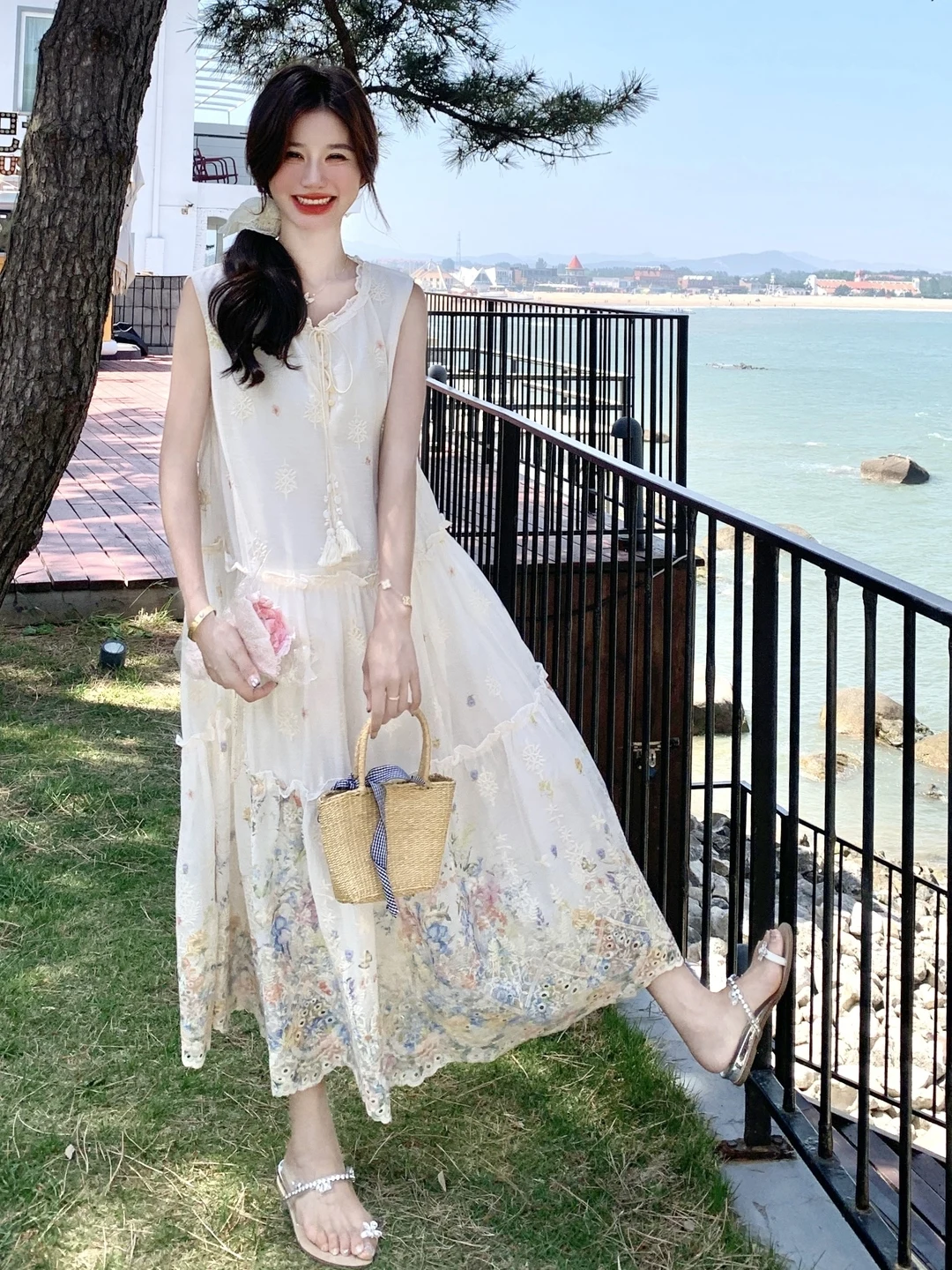 Sweet Daily Feel Simple Embroidered Print Dr Women's Summer Tassel Bow Ne Long Skirt A-Line Gown No-Sve Polyester Fabric