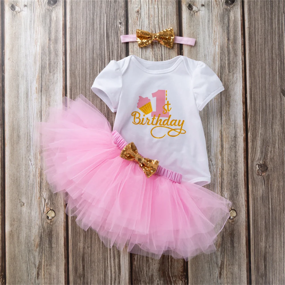 Baby Girl First 1st Birthday Party Dress Cute Christening Outfits One Year Baby Girl Bodysuit and Tutu Dress Newborn Set