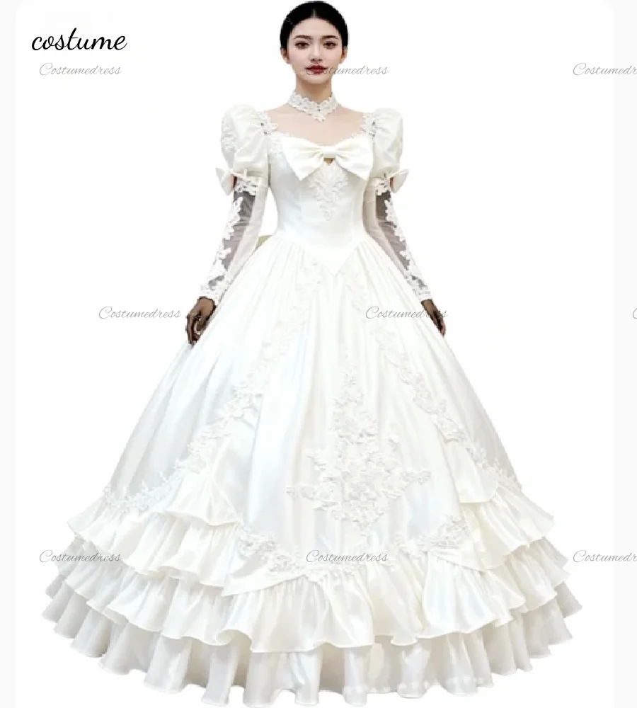 Elegant Korean Wedding Dress 2026 Tiered Lace Long Sleeve Victorian 1980s Bridal Gowns Glam Rustic Country Medieval Bride Dress