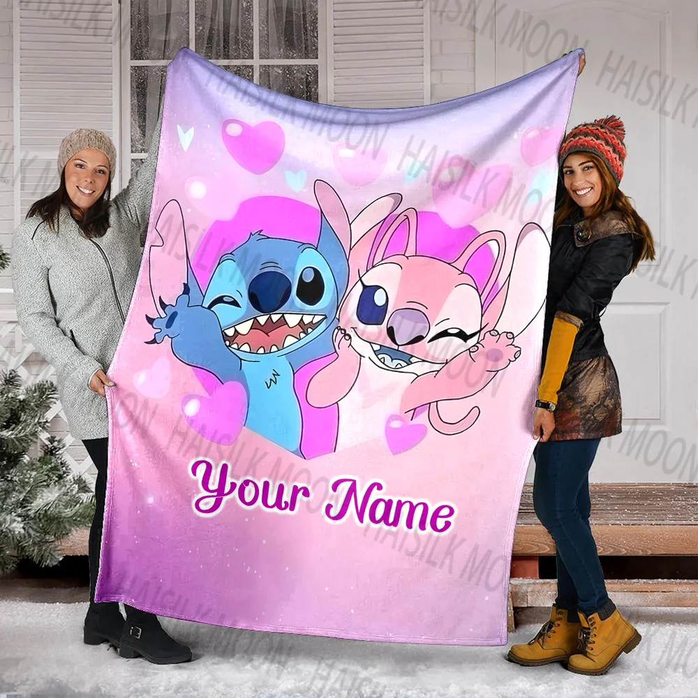 

(Memo U Name) 1PC Disney stitch and angel Printed Blanket Can Be Custom with Name, Soft and Warm, Suitable for Home, Camping,Car