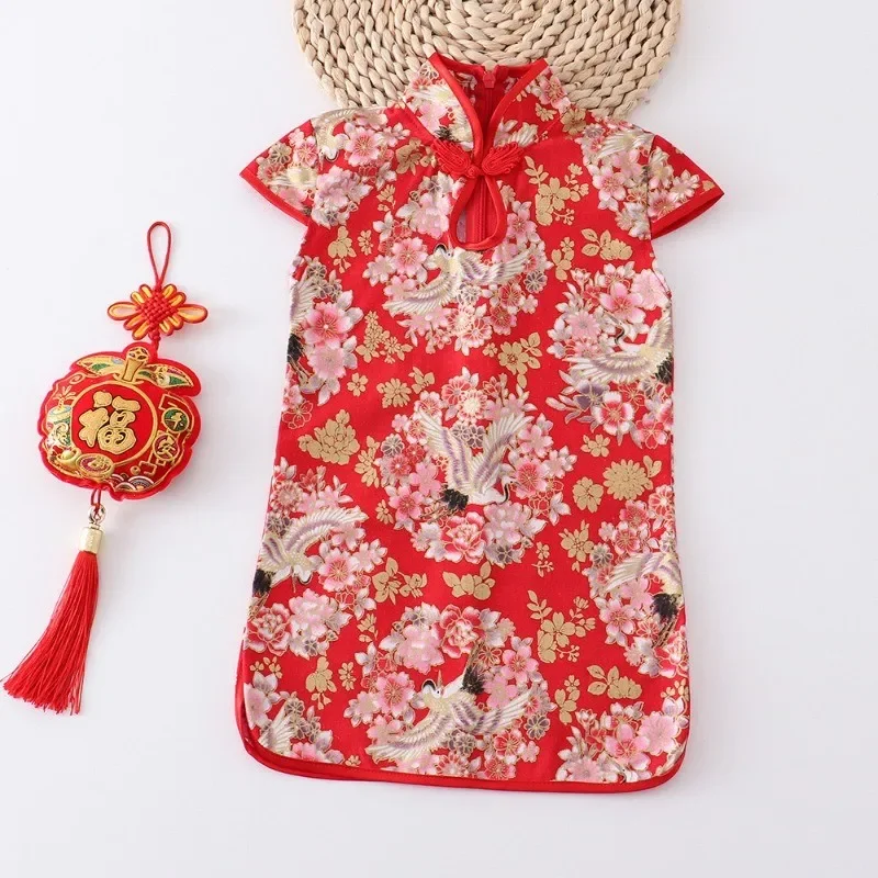 New Year Red Qipao Summer Dress Girls Fragmented Flower Clothes Girls Retro Classical New Chinese Style Print Button Dresses