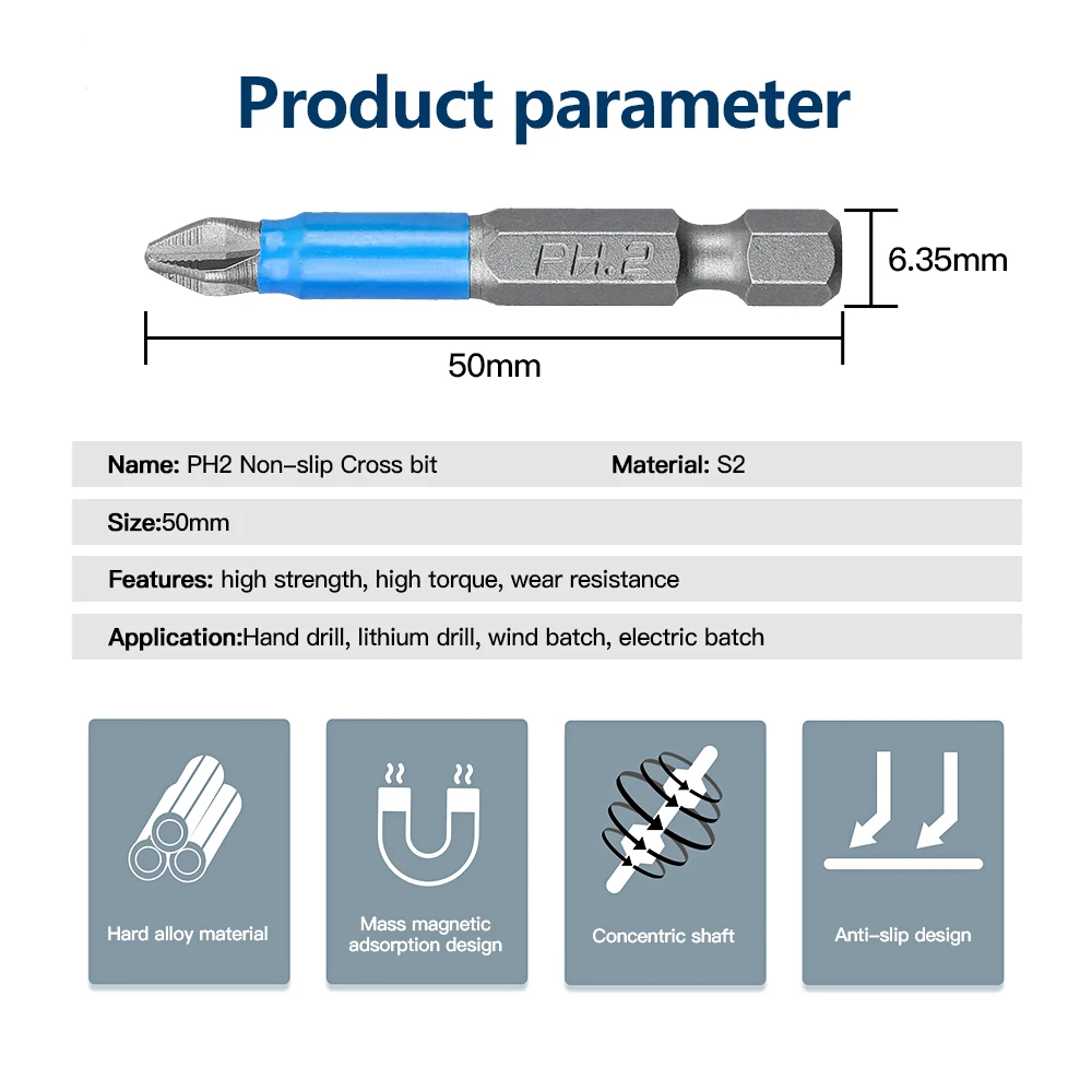 10/5/3Pcs Screwdriver Bits Set 50mm PH2 Anti-slip with Magnetic 1/4\