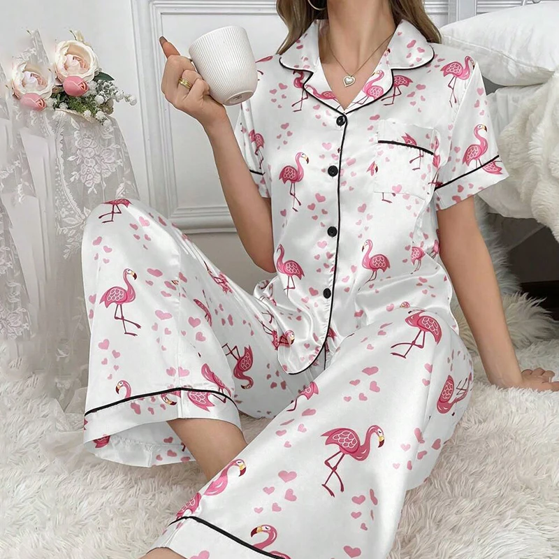 Women\'s Pajamas Elegant Satin Sleepwear Pj Set Flower Print Short Sleeve Buttons Lapel Tops & Long Pants Nightwear Home Clothes