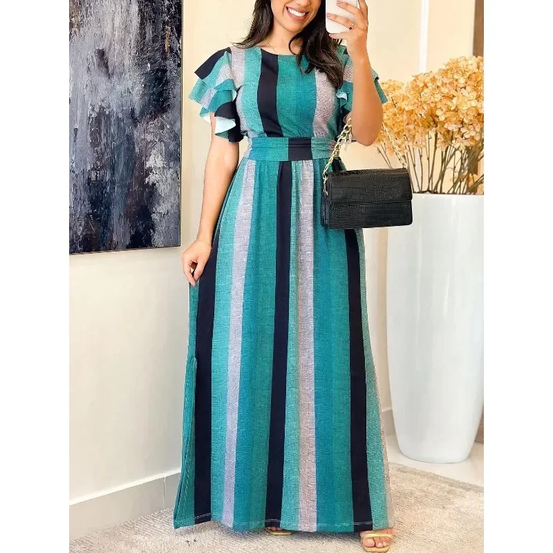 

2025 Spring Summer New Women's Tie-front Slim-fitting Striped Retro Long Dress Casual Streetwear Boho Beach