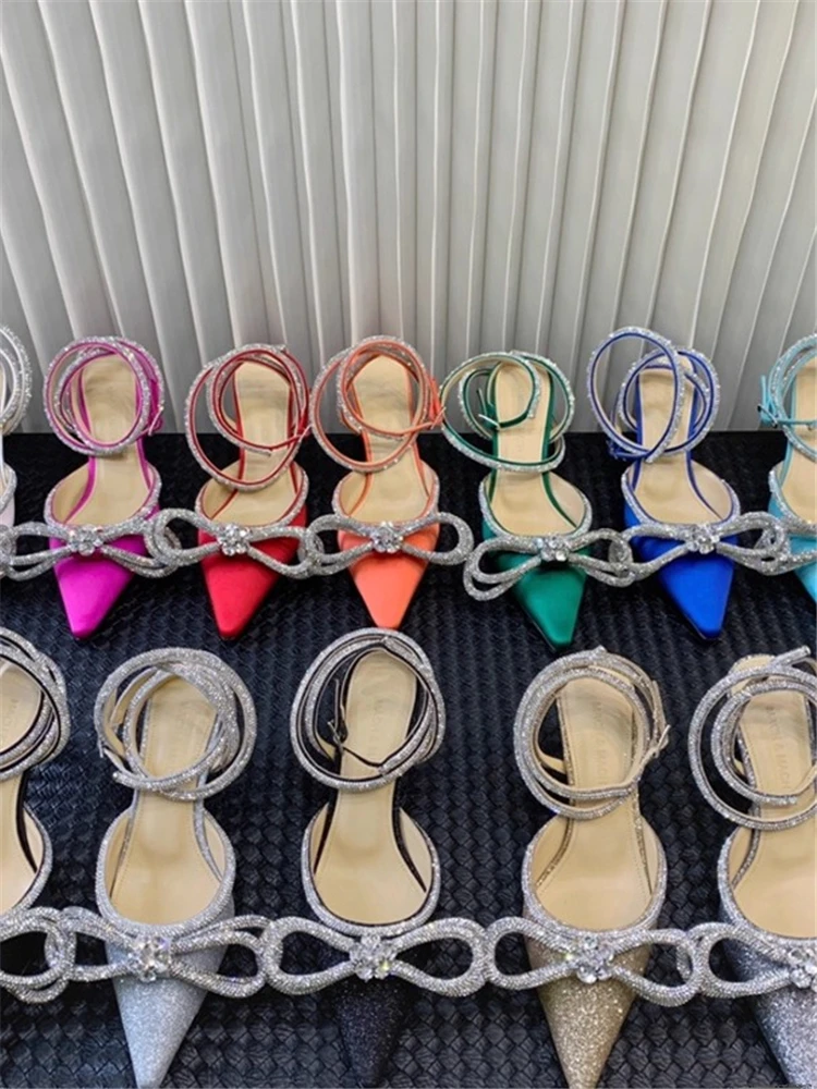 

Stin-heeled sandals spring and summer new pointed bow rhinestone wrapped silk sequin wedding shoes banquet dress women's shoes