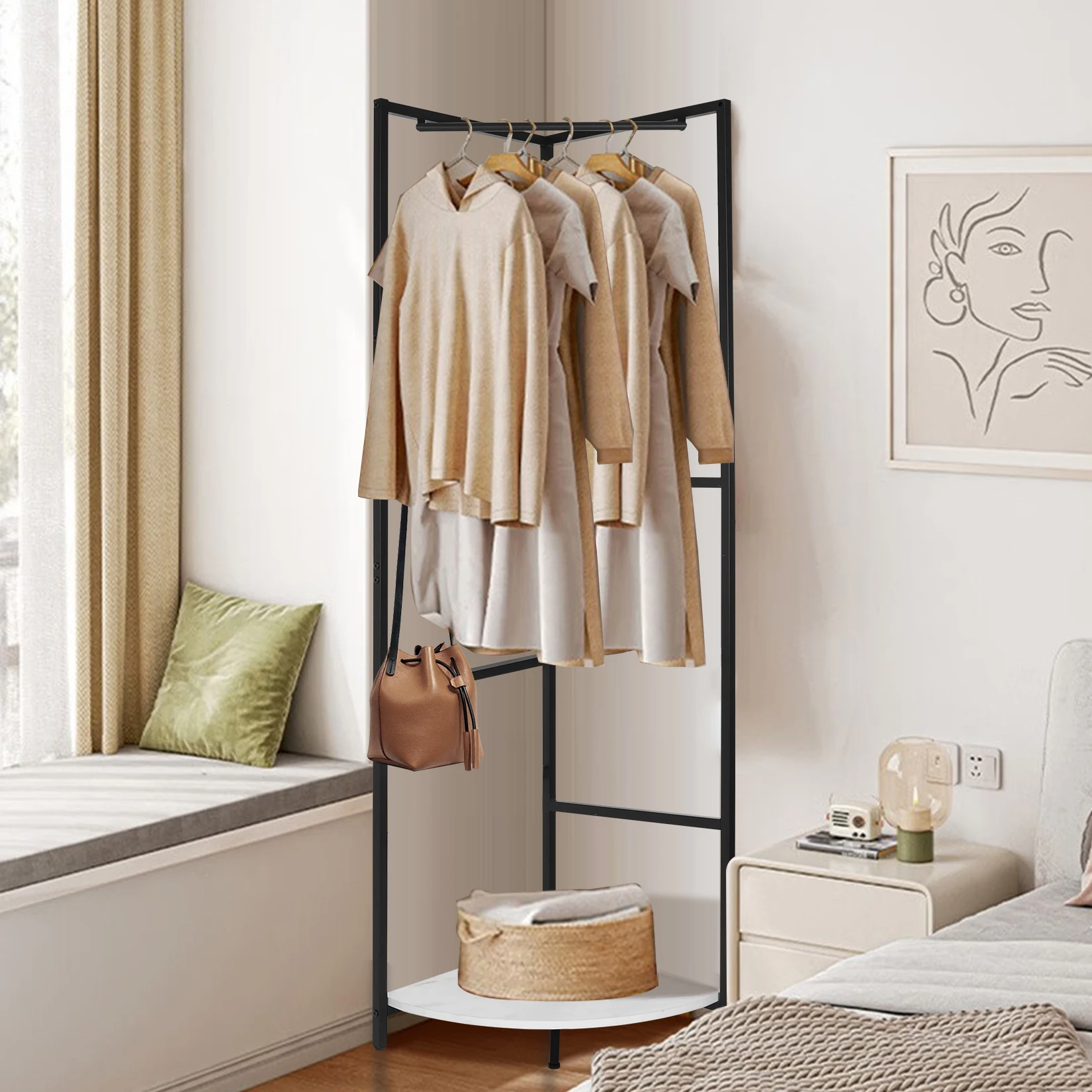 Strong Metal Coat Stand Corner Garment Rack Clothes Rail Wall Hanging Shelf Hook Free Standing